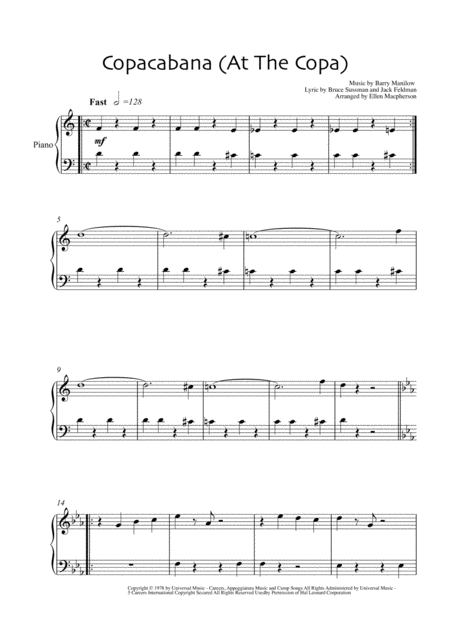 Copacabana At The Copa Easy Piano Sheet Music