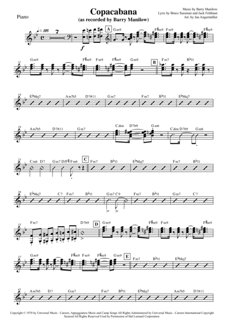 Copacabana At The Copa Piano Transcription Of The Original Barry Manilow Recording Sheet Music