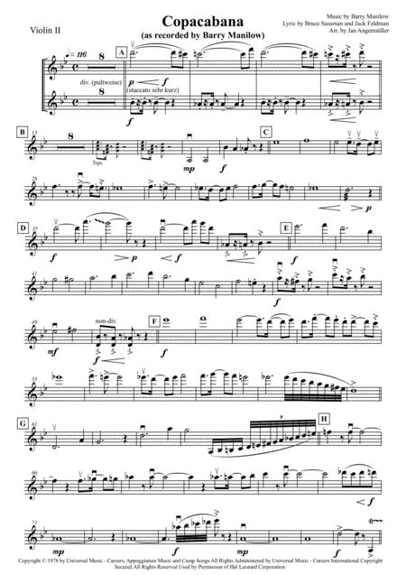 Free Sheet Music Copacabana At The Copa Violin 2 Play A Long The Violin 2 Part With The Original Barry Manilow Recording