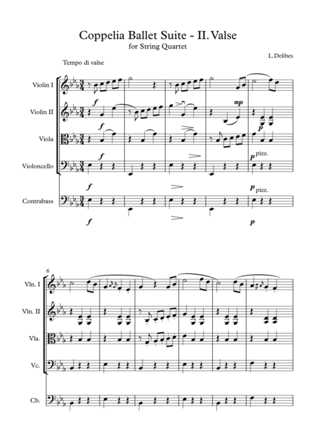 Free Sheet Music Coppelia Ballet Suite Ii Valse For String Quartet And Contrabass