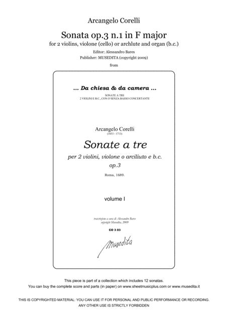 Corelli Sonata Op 3 N 1 In F Major Sheet Music