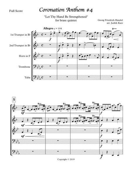 Free Sheet Music Coronation Anthem 4 Let Thy Hand Be Strengthened For Brass Quintet