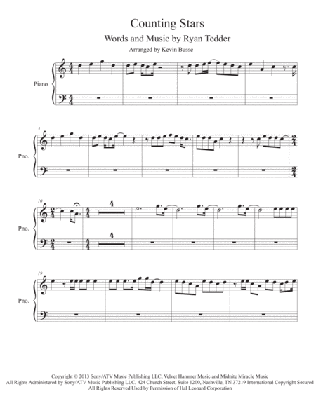 Counting Stars Easy Key Of C Piano Sheet Music