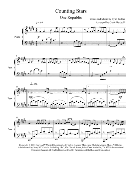 Counting Stars Piano Solo Sheet Music