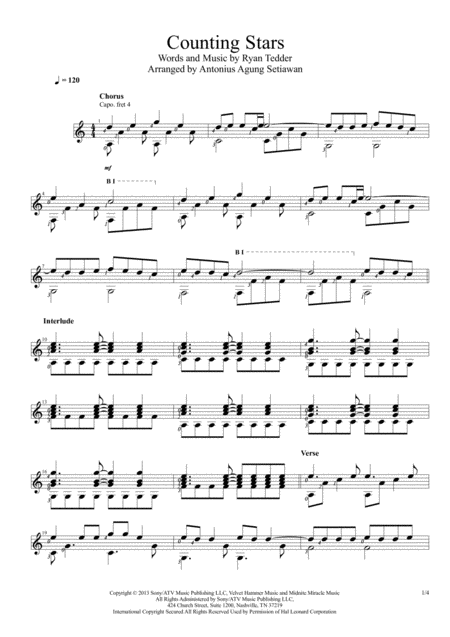 Free Sheet Music Counting Stars Solo Guitar Score