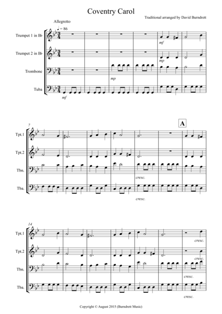 Coventry Carol For Brass Quartet Sheet Music