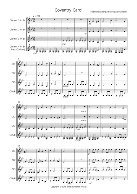 Coventry Carol For Clarinet Quartet Sheet Music