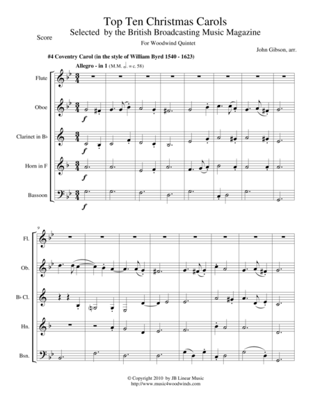 Coventry Carol For Woodwind Quintet Sheet Music