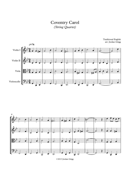 Free Sheet Music Coventry Carol String Quartet Score And Parts