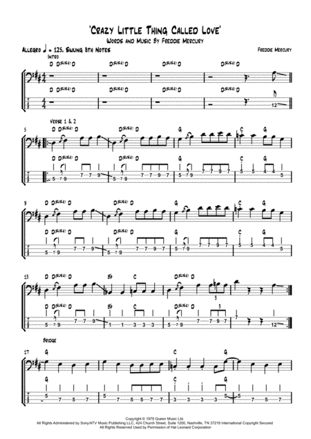 Free Sheet Music Crazy Little Thing Called Love Bass Transcription With Tab