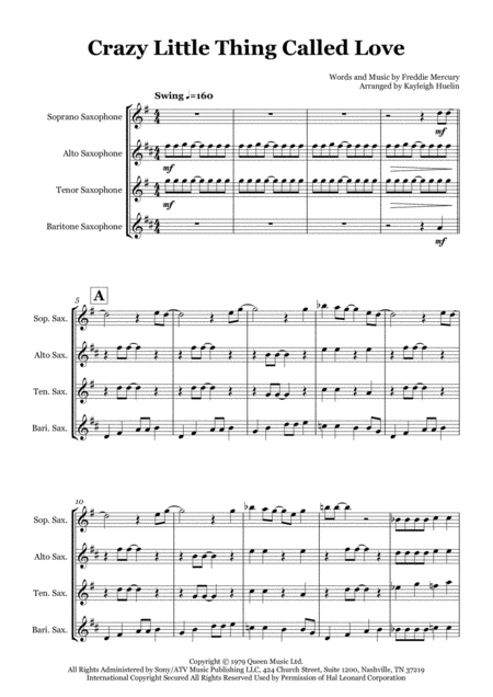 Free Sheet Music Crazy Little Thing Called Love By Queen Saxophone Quartet Satb