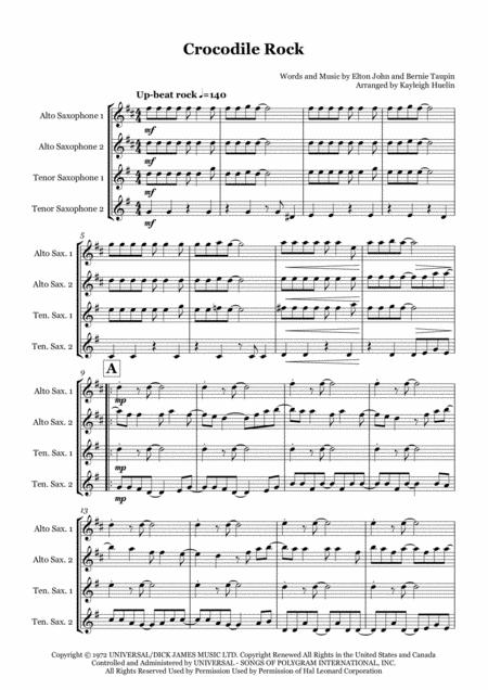 Free Sheet Music Crocodile Rock By Elton John Saxophone Quartet Aatt