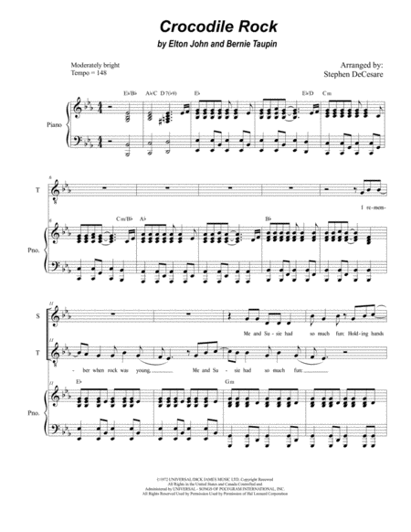 Free Sheet Music Crocodile Rock For 2 Part Choir Soprano Tenor