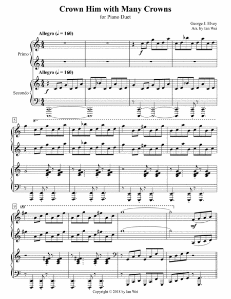 Crown Him With Many Crowns For Piano Duet Sheet Music