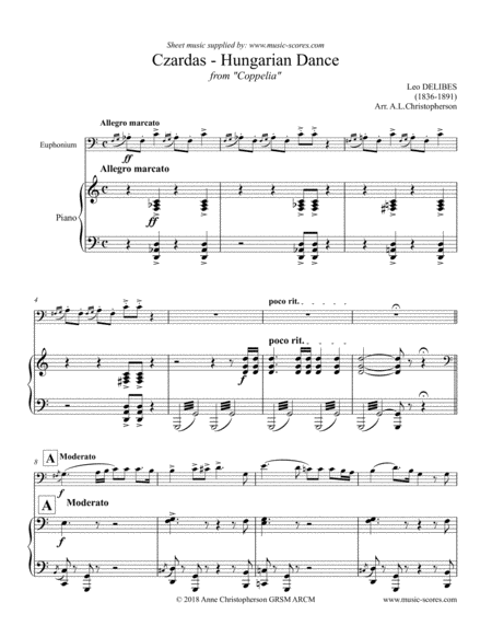 Free Sheet Music Czardas Hungarian Dance From Coppelia Euphonium And Piano