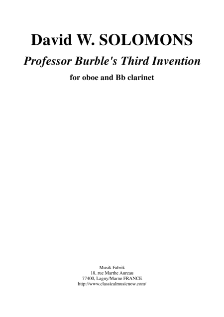 Daivd Warin Solomons Professor Burbles Third Invention For Oboe And Bb Clarinet Sheet Music