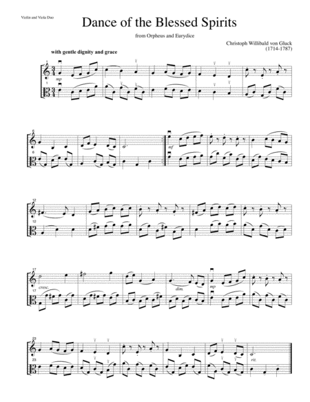 Dance Of The Blessed Spirits From Orpheus And Eurydice For Violin And Viola Duet Sheet Music