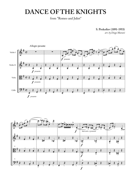 Dance Of The Knights From Romeo And Juliet For String Quartet Sheet Music