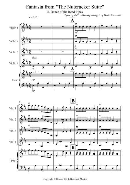 Dance Of The Reed Pipes Fantasia From Nutcracker For Violin Quartet Sheet Music