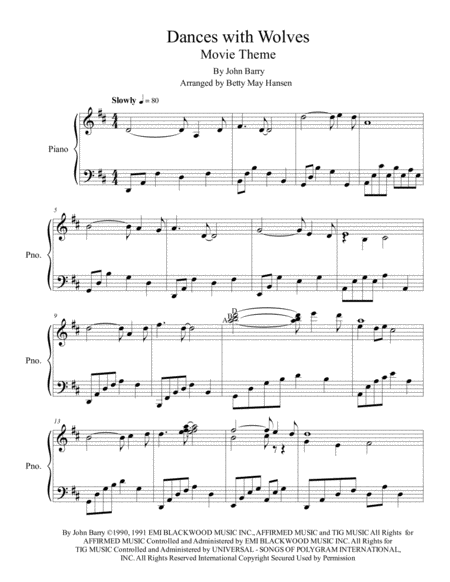 Dances With Wolves Movie Theme Sheet Music