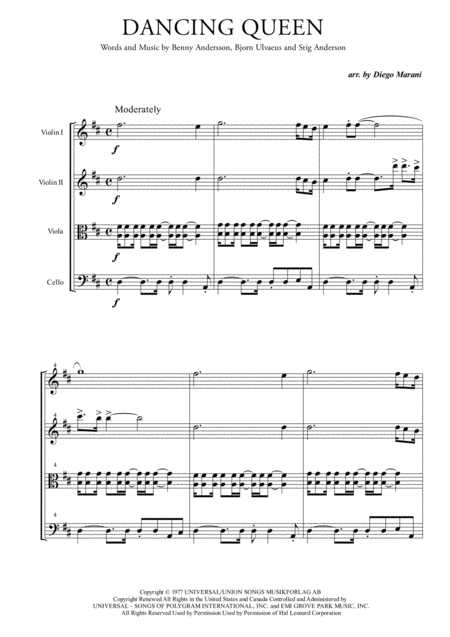 Free Sheet Music Dancing Queen By Abba For String Quartet