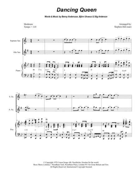 Free Sheet Music Dancing Queen Duet For Soprano And Alto Saxophone
