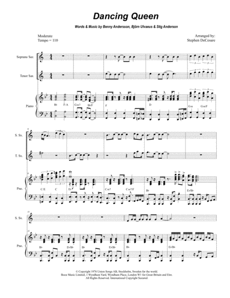 Free Sheet Music Dancing Queen Duet For Soprano And Tenor Saxophone