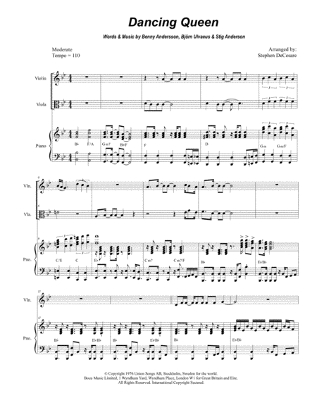 Free Sheet Music Dancing Queen Duet For Violin And Viola Alternate Version