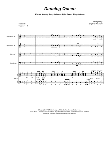 Dancing Queen For Brass Quartet And Piano Sheet Music