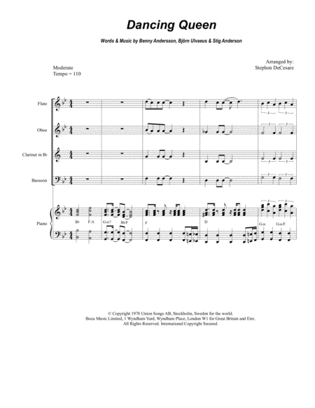 Free Sheet Music Dancing Queen For Woodwind Quartet And Piano