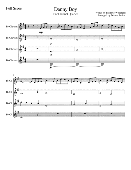 Free Sheet Music Danny Boy Clarinet Quartet