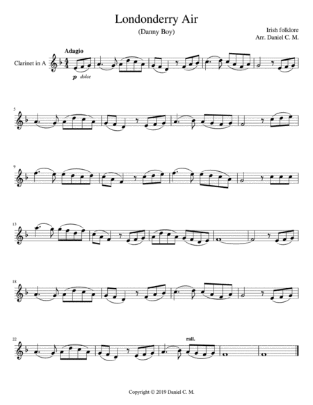 Free Sheet Music Danny Boy For A Clarinet And Piano