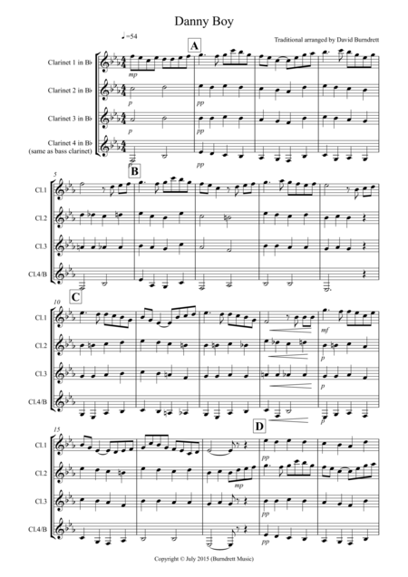 Danny Boy For Clarinet Quartet Sheet Music