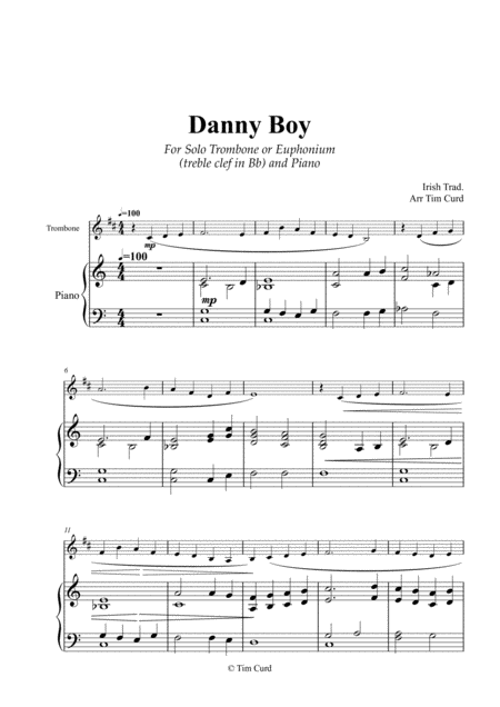 Danny Boy For Solo Trombone Euphonium In Bb Treble Clef And Piano Sheet Music