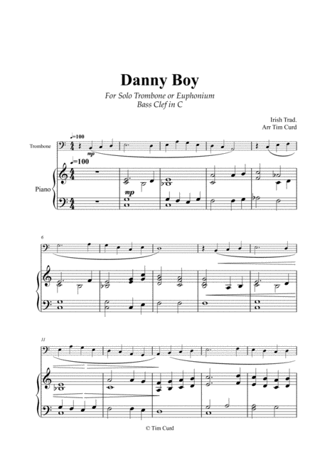 Free Sheet Music Danny Boy For Solo Trombone Euphonium In C Bass Clef And Piano