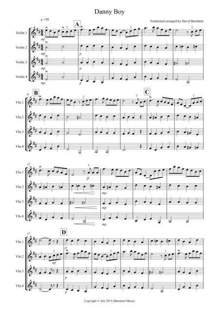 Danny Boy For Violin Quartet Sheet Music