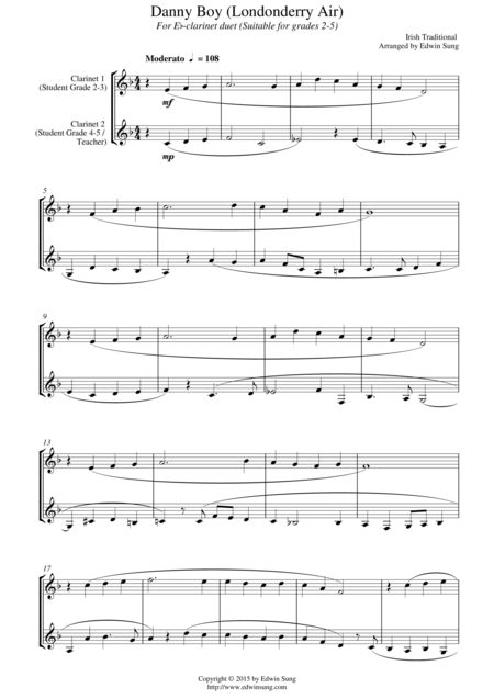 Danny Boy Londonderry Air For Eb Clarinet Duet Suitable For Grades 2 5 Sheet Music