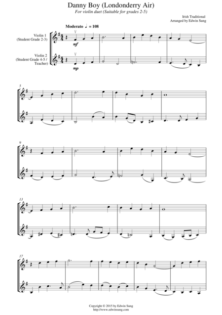 Danny Boy Londonderry Air For Violin Duet Suitable For Grades 2 5 Sheet Music