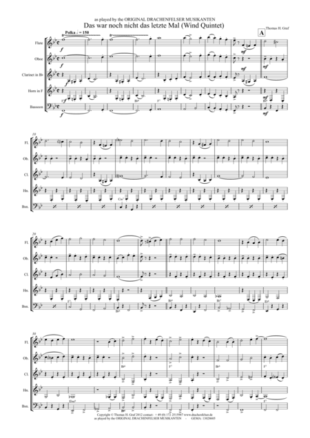 Free Sheet Music Das War Noch Nicht Das Letzte Mal German Polka Oktoberfest Wind Quintet