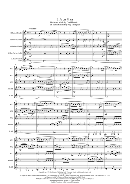 David Bowie Is There Life On Mars Clarinet Quintet Sheet Music