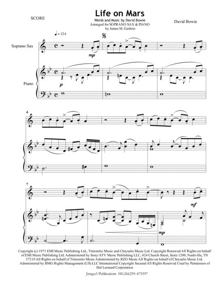 David Bowie Life On Mars For Soprano Sax Piano Sheet Music