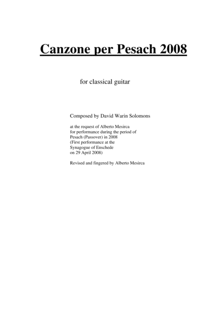 Free Sheet Music David Warin Solomons Canzone Per Pesach For Gutiar