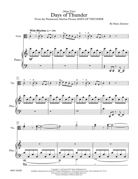 Days Of Thunder Main Title For Viola And Piano Sheet Music