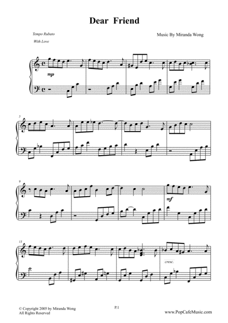 Dear Friend Romantic Piano Music Sheet Music