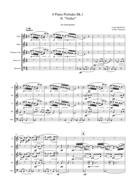 Debussy 4 Piano Preludes From Bk 1 Nos 2 Voiles 6 Des Pas Sur La Neige 8 La Fille Aux Cheveux De Lin 12 Minstrels Wind Quintet Sheet Music