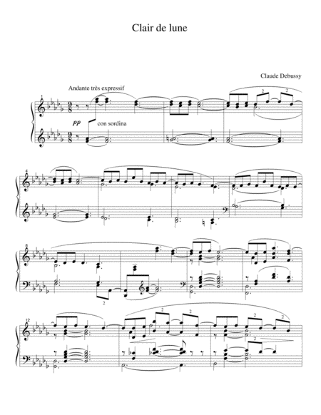 Debussy Clair De Lune From Suite Bergamasque Original Complete Version Sheet Music