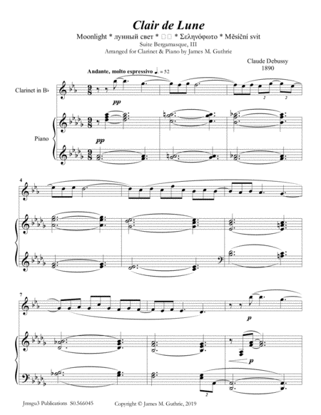 Debussy Claire De Lune For Clarinet Piano Sheet Music