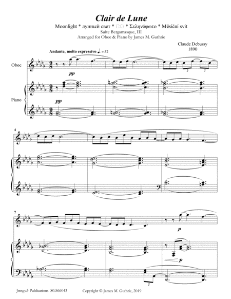 Debussy Claire De Lune For Oboe Piano Sheet Music