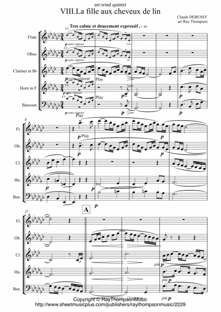 Debussy Piano Preludes Bk 1 No 8 La Fille Aux Cheveux De Lin The Girl With Flaxen Hair Wind Quintet Sheet Music