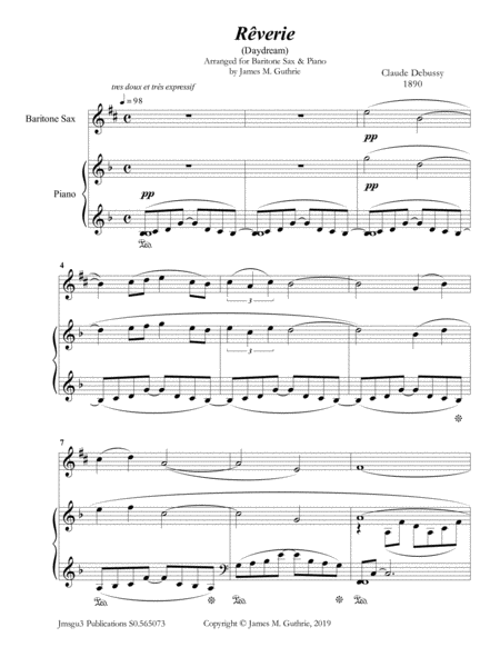 Free Sheet Music Debussy Reverie For Baritone Sax Piano